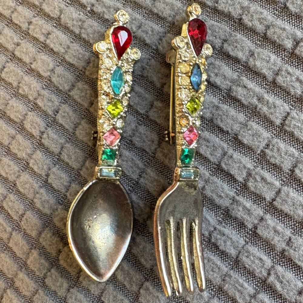 Vintage 50's Fork and Spoon Brooches Silver Tone Rhinestones
